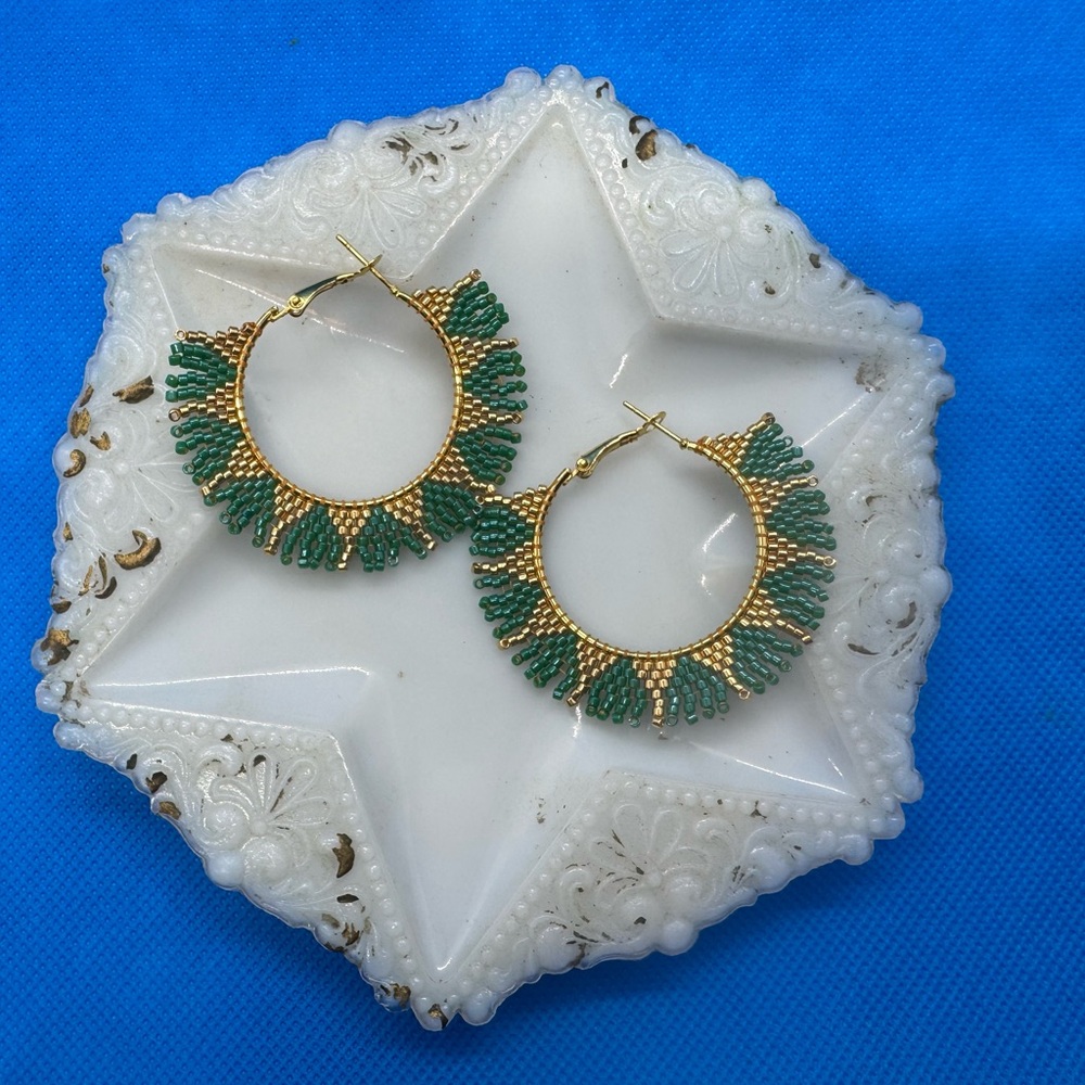 Elegant Gold and Green Beaded Hoop Earrings